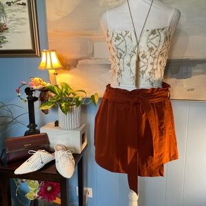 High-Waist Tie-Waist Shorts in Rust